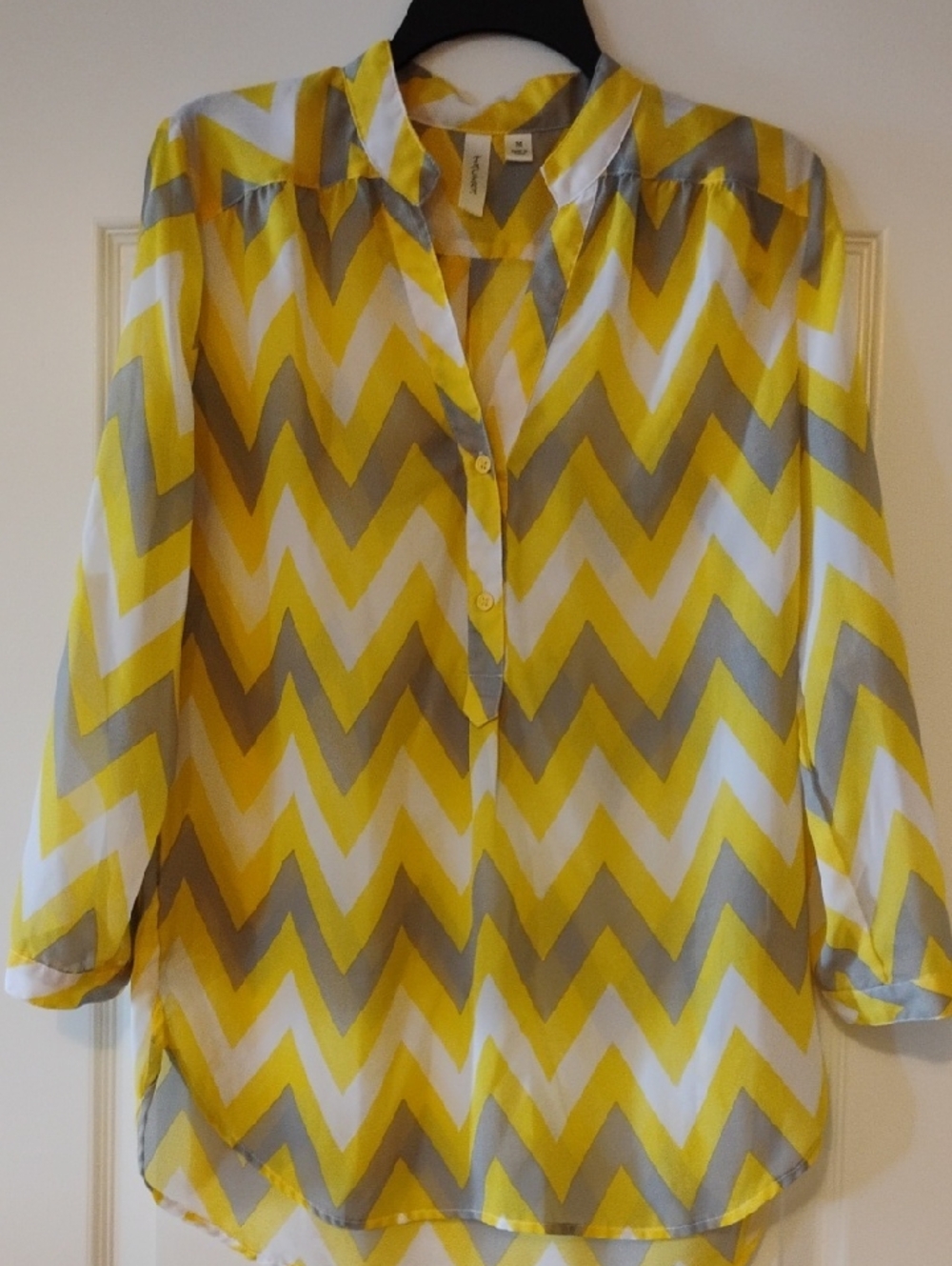 Tacera Yellow, Gray & White Chevron Button-Front Top
